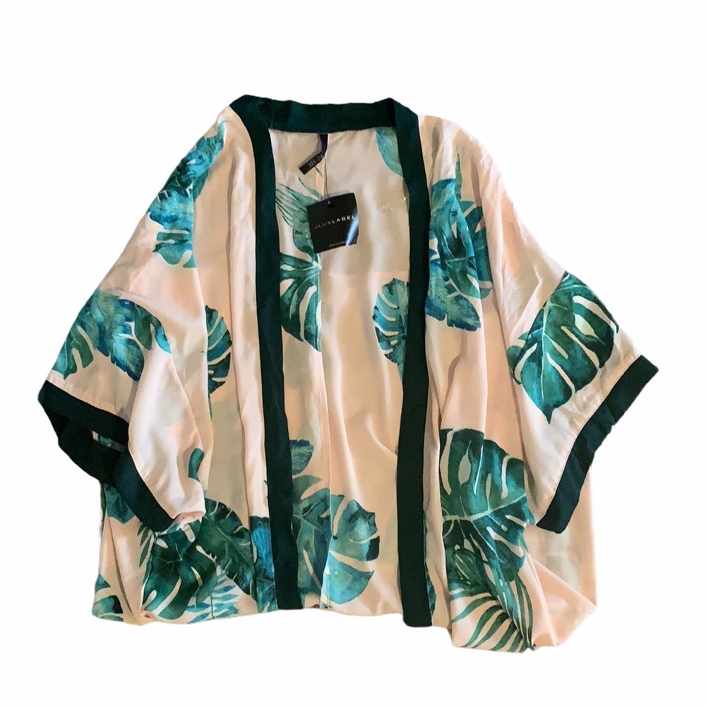 NWT JLUXLABEL Pink Green Palm Print Long Kimono